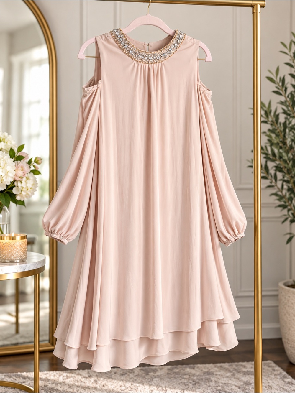 X by Xscape Blush Embellished Cold Shoulder Dress Size 12 Beaded Cocktail Party
